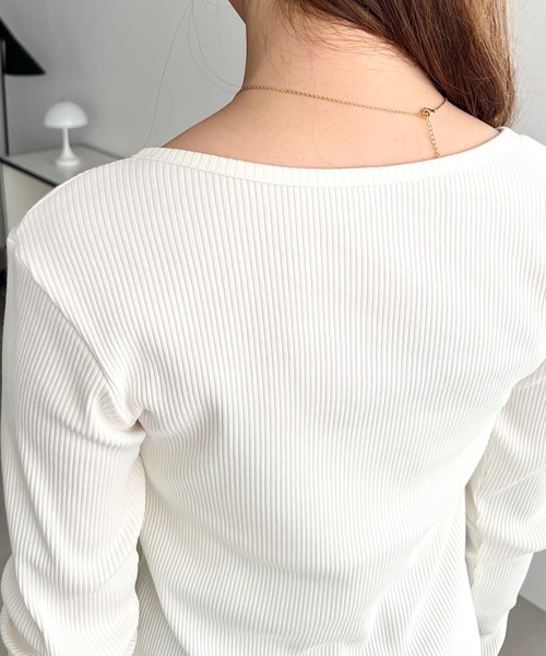 moment+ tシャツ デコルテヘンリーネック長袖リブトップス レディース