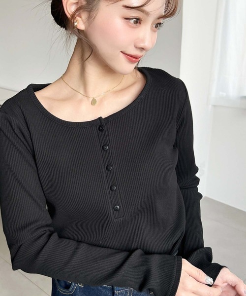 moment+ ヘンリーネック tシャツ デコルテヘンリーネック長袖リブ
