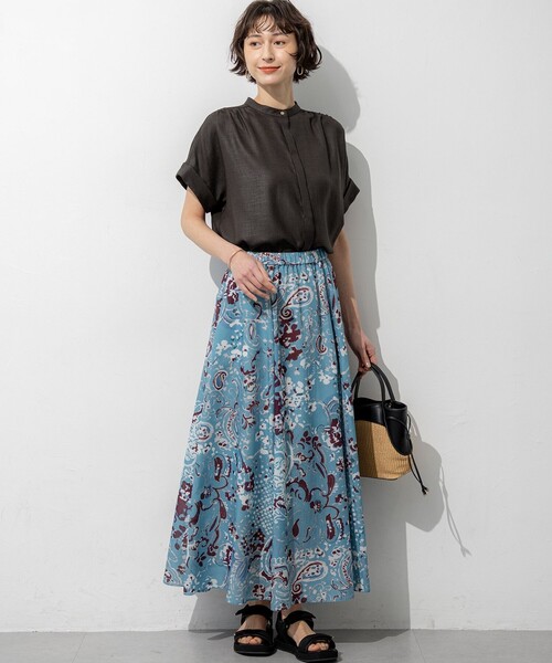 リネンシャツ ブラウス シャツ 半袖 リネンライクグロッシー バンド
