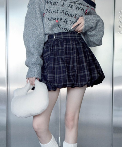 Sibra スカート インナーパンツ付きチェックバルーンフレアミニ