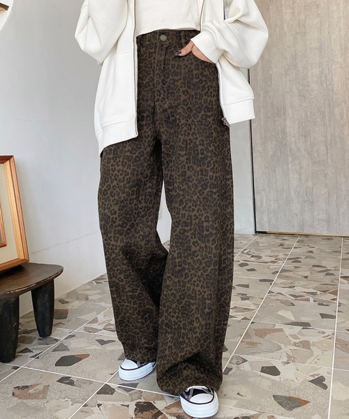 MADWITCH 豹柄パンツ レオパード ストレート バギーパンツ y2k 柄 パンツ 豹柄カーゴパンツ レオパードワイド レオパード|柄