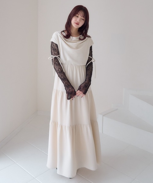 KAREN MILLEN ロング丈ドレス ハイネック ワンピース ドレープ ワンピース ハイネック 切り替え ティアード ドレープ ランタン