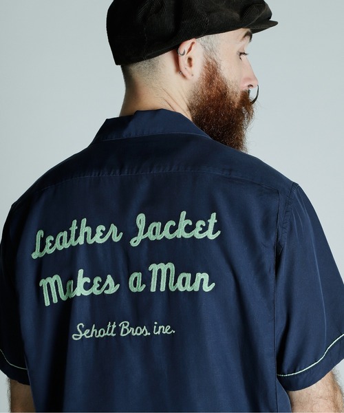 Schott BOWLING SHIRT ショット ボーリングシャツ　刺繍　美品 BOWLING SS SHIRT'LEATHER JACKET MAKES A MAN/ボーリングSS