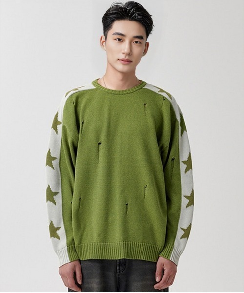 ニット セーター 「mahagrid/マハグリッド」 STAR CRASH KNIT CREWNECK/スタークラッシュニットクルーネック レディース