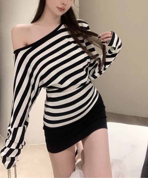 tシャツ オフショルダーボーダートップス レディース