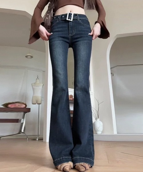ジーンズ デニム デニムパンツ ウエストベルトフレアデニムパンツ