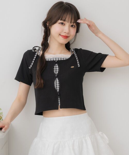 Emsexcite tシャツ 肩リボンキャミドッキングCT レディース