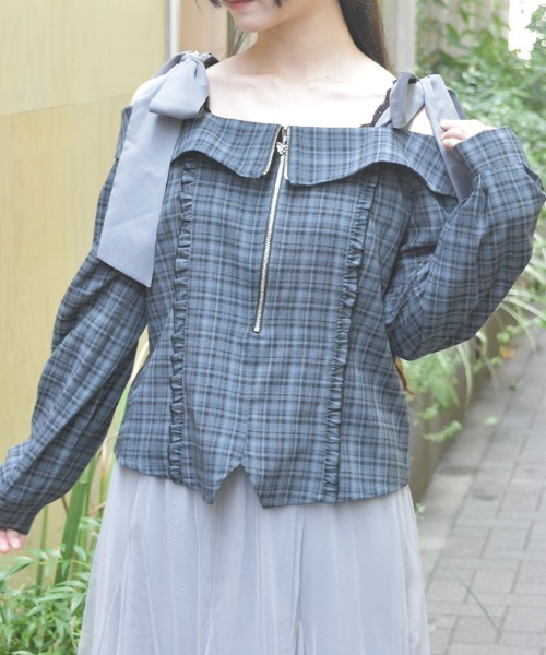 axes femme（アクシーズ ファム） ブラウス シャツ チェックオフショル