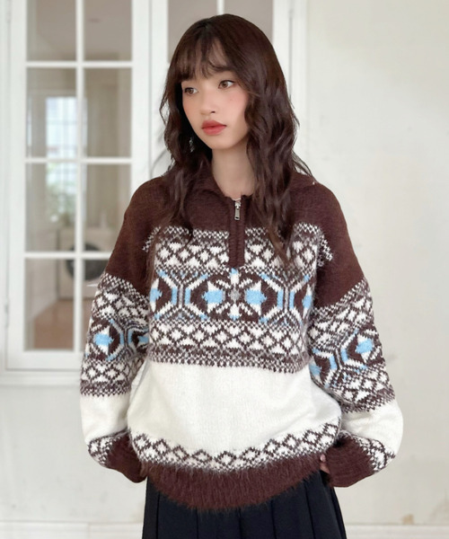 ニット セーター 「Good Riddance」ハーフジップ ノルディック柄