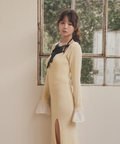 M DOLLY ワンピース *M DOLLY original* chiffon ribbon luna knit