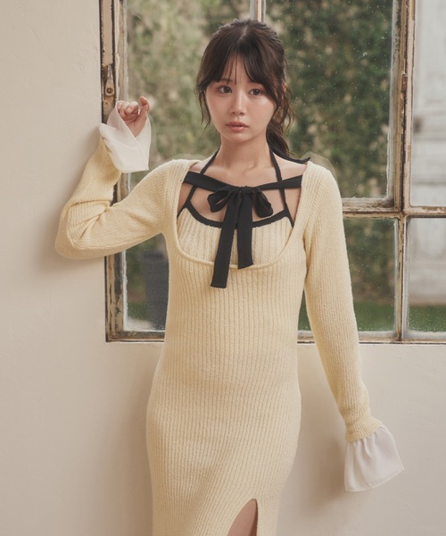 M DOLLY ワンピース *M DOLLY original* chiffon ribbon luna knit
