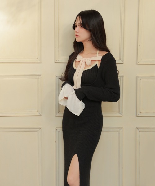 M DOLLY ワンピース *M DOLLY original* chiffon ribbon luna knit