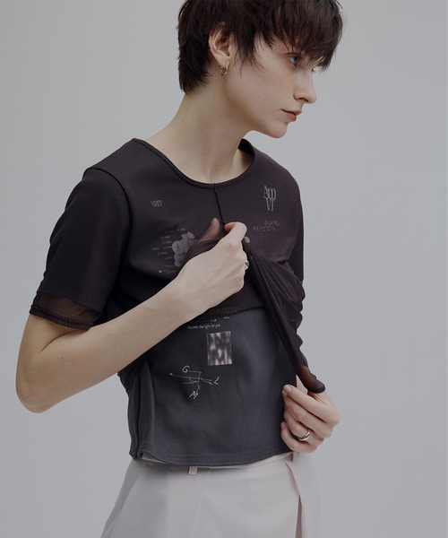Ameri（アメリ） tシャツ 半袖 SHEER LAYERED GLIMMER GRAPHIC TEE