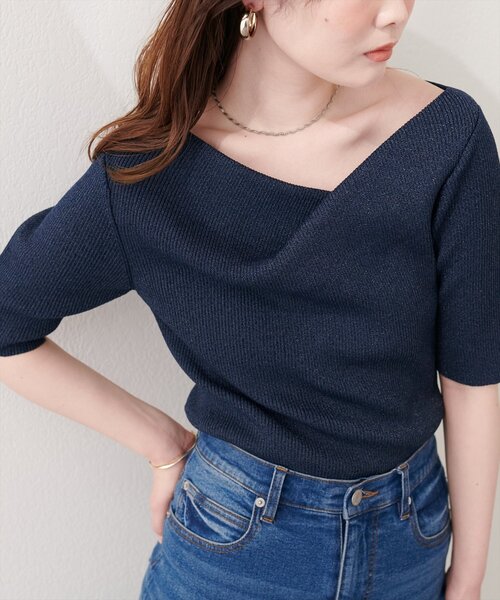 natural couture ニット セーター ドレープ半袖ラメニット レディース