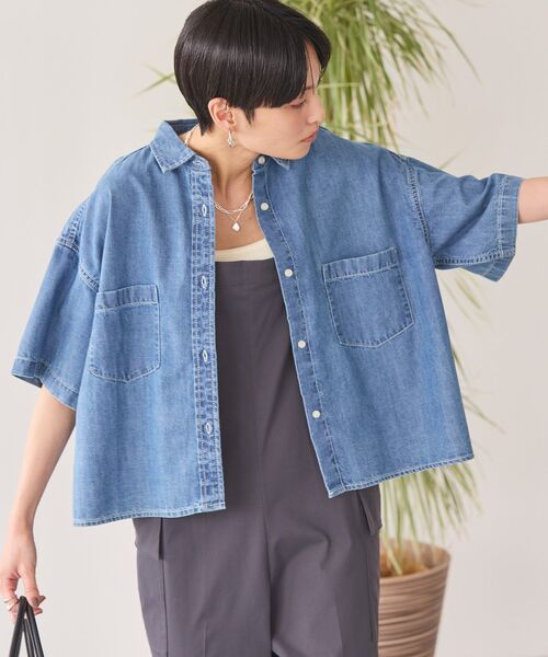 「AMERICAN HOLIC」 半袖シャツ L インディゴブルー レディース_画像3