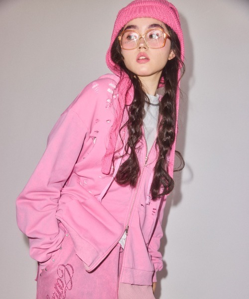 PINK SPINK ダメージパーカー フーディ Candy Stripper（キャンディーストリッパー） パーカー TATTERED ZIP