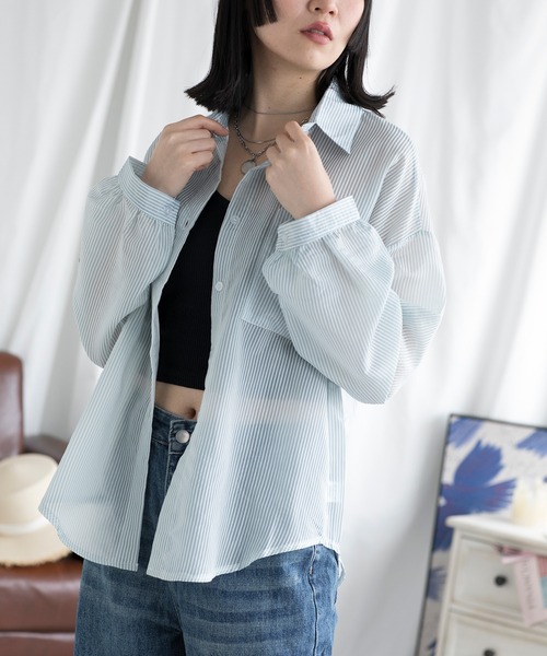 aimoha ブラウス シャツ UVカットシアーストライプシャツ