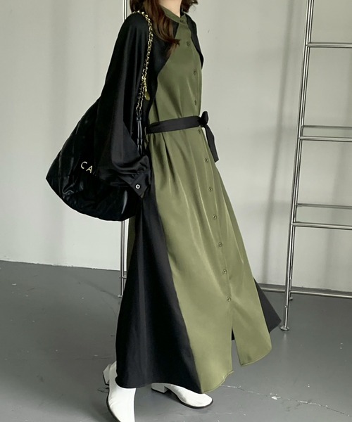 emi+ ワンピース シャツワンピース ウエストベルト付き レイヤード風  