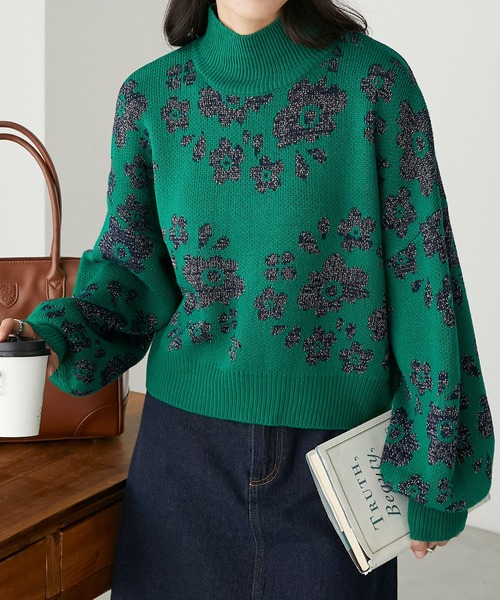 BONLECILL ニット フラワーラメジャガードハイネックニットプル  