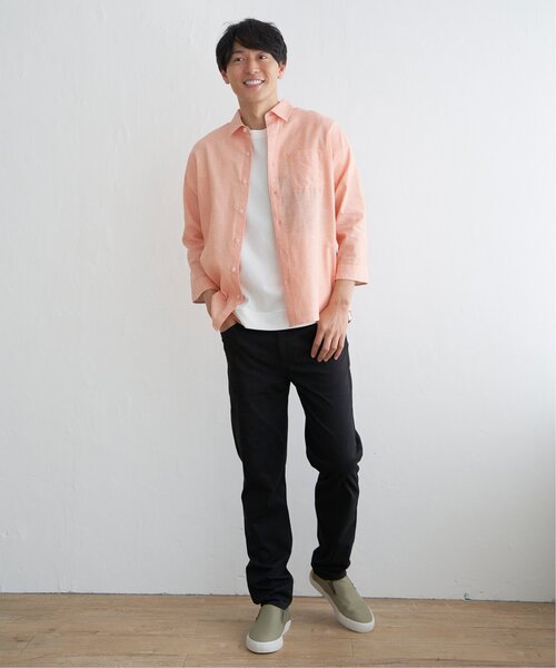 ikka シャツ 「吸水速乾」7分袖イージーケアリネン無地シャツ メンズ