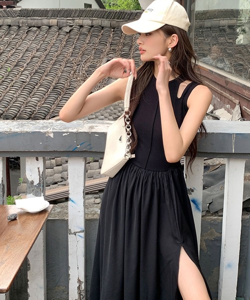 ワンピース カットアウト異素材ドッキングロング丈ワンピース  