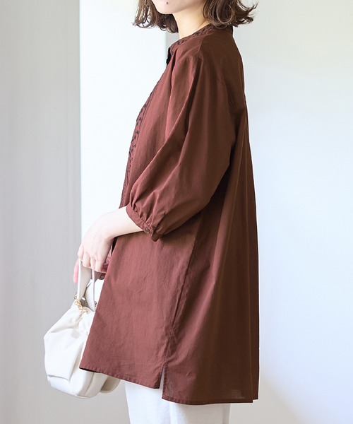 OLLEBORERLA レッド ビジュー チュニック 七分袖 Viola e チュニック 刺しゅうデザインシャツチュニック