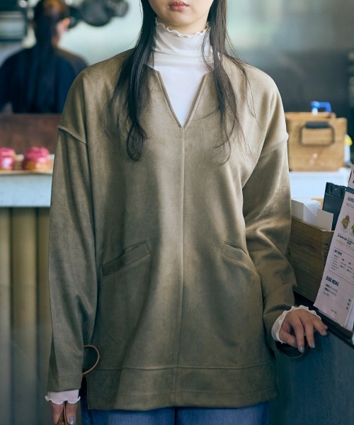 tシャツ 高身長　フェイクスエードダンボールキーネックプルオーバー（トールサイズ）Essenave レディース
