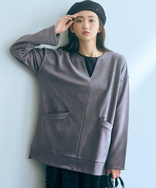 Tシャツ カットソー トールサイズ レディース 高身長 フェイクスエードダンボールキーネック プルオーバー Essenave LL/3L/4L/5L ニッセン nissen slattgir tシャツ 高身長 フェイクスエードダンボールキーネック