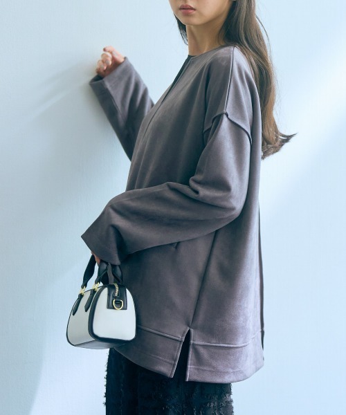 Tシャツ カットソー トールサイズ レディース 高身長 フェイクスエードダンボールキーネック プルオーバー Essenave LL/3L/4L/5L ニッセン nissen slattgir tシャツ 高身長 フェイクスエードダンボールキーネック