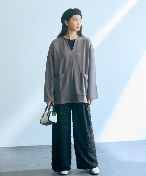 Tシャツ カットソー トールサイズ レディース 高身長 フェイクスエードダンボールキーネック プルオーバー Essenave LL/3L/4L/5L ニッセン nissen slattgir tシャツ 高身長 フェイクスエードダンボールキーネック