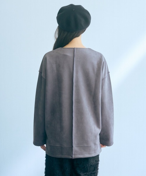 Tシャツ カットソー トールサイズ レディース 高身長 フェイクスエードダンボールキーネック プルオーバー Essenave LL/3L/4L/5L ニッセン nissen slattgir tシャツ 高身長 フェイクスエードダンボールキーネック