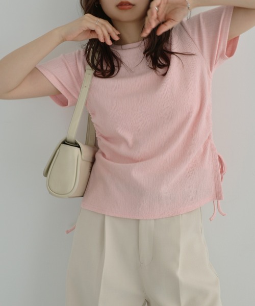 Freesia tシャツ 半袖 サイドギャザードロストリボン半袖トップス