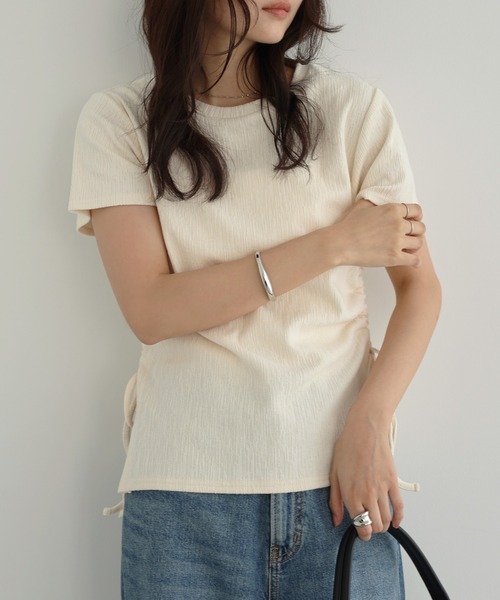 Freesia tシャツ 半袖 サイドギャザードロストリボン半袖トップス