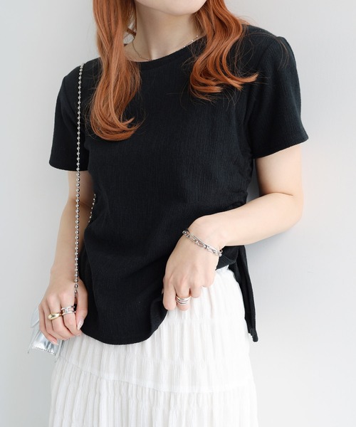 Freesia tシャツ 半袖 サイドギャザードロストリボン半袖トップス