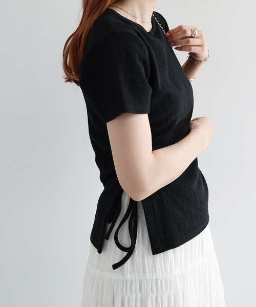 Freesia tシャツ 半袖 サイドギャザードロストリボン半袖トップス