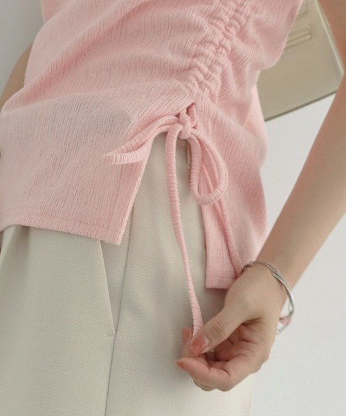 Freesia tシャツ 半袖 サイドギャザードロストリボン半袖トップス