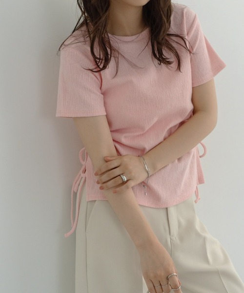 Freesia tシャツ 半袖 サイドギャザードロストリボン半袖トップス