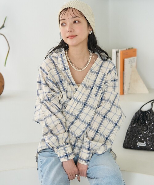 ゆーみん ⭐️クロエ　長袖ブラウス　フリル　カシュクール　ギンガムチェック le reve vaniller ブラウス シャツ イージーケア カシュクール