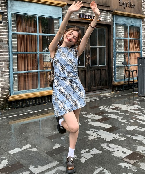 最終値下げブラウンチェック柄ミニワンピースBalloon Tunic アンサンブルチェックワンピース ブラウン×ベージュ