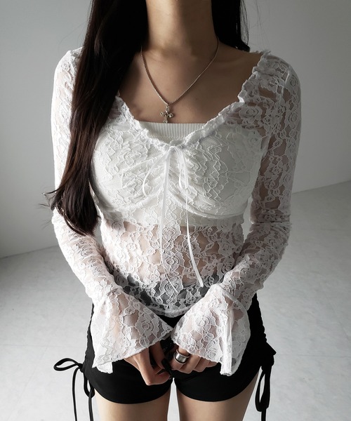 M me eme サイドリボン ビジュー オフショル シアートップス BLACK M me eme サイドリボンビジューオフショルシアートップス BLACK M me