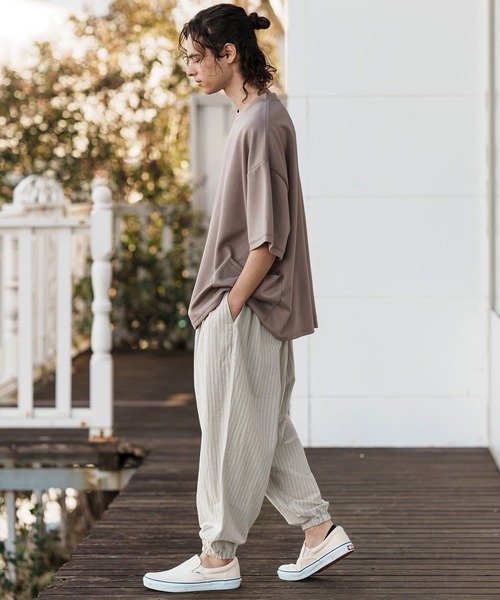 pas de calais 2022年製リネンストライプ サルエルパンツ CAMBIO(カンビオ)】Denim Like Drape Sarrouel Pants サルエル