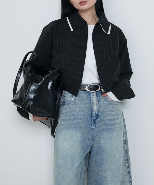 stripe shirt blouson ストライプシャツブルゾン セール】Damage layered stripe shirt blouson / ダメージ
