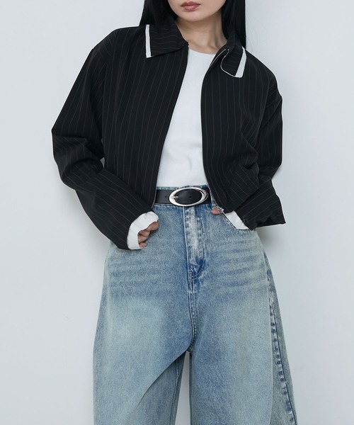 stripe shirt blouson ストライプシャツブルゾン le ELMi ブルゾン アウター Damage layered stripe shirt