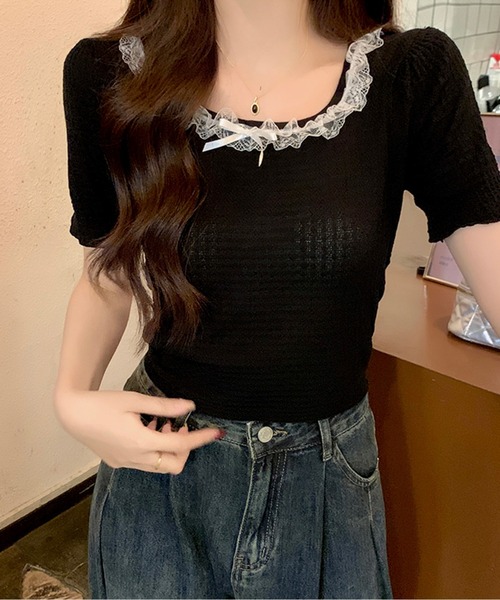 tシャツ ミニリボンスクエアネックTシャツ レディース