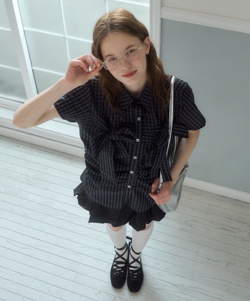 オフィス チェック  半袖 五分丈 シャツ キュート リボン付 事務服 ブラウス シャツ 大きいサイズ レディース 取り外し