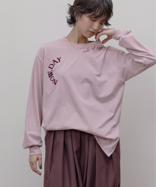 ★【新品】エイミーロウ フロッキー&エンブロスリットロンT ピンク 今季新作！★ フロッキー＆エンブロスリットロンT（Tシャツ/カットソー