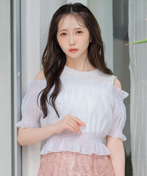 tシャツ レイヤード風オフショルカットトップス レディース