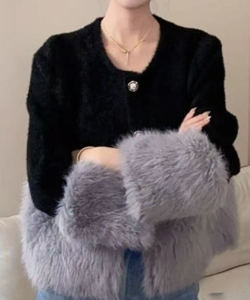 フェイクスエード×ラビットファー クロップド丈 ジャケット アイボリー
