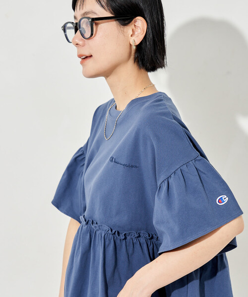 tシャツ Champion × FREAK'S STORE/チャンピオン 別注 切替ギャザー 袖フレア Tシャツ レディースの画像