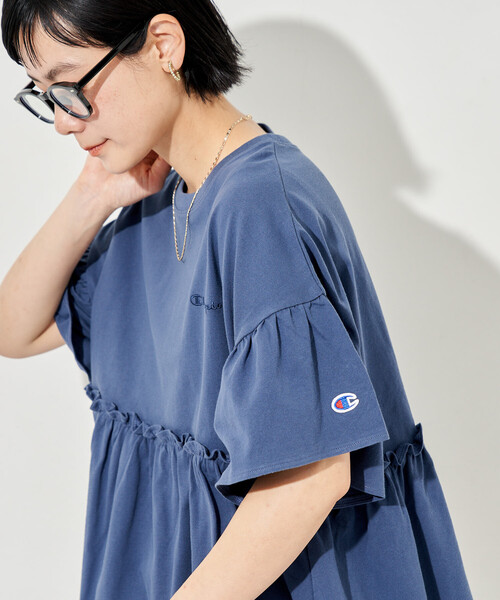 tシャツ Champion × FREAK'S STORE/チャンピオン 別注 切替ギャザー 袖フレア Tシャツ レディースの画像